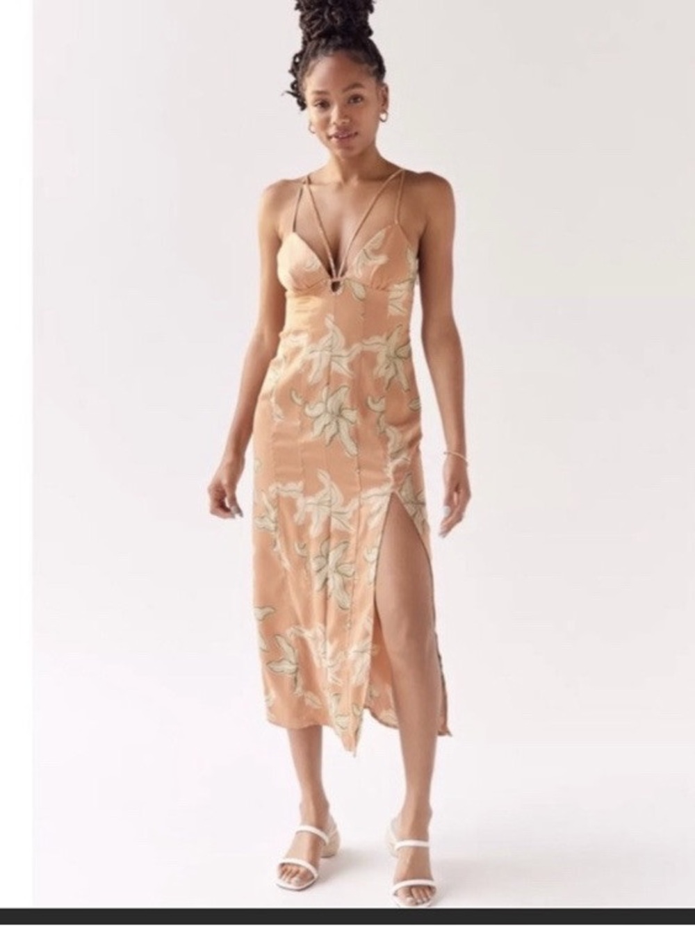 Urban Outfitters Peach Slip Dress with Green Leaf Print